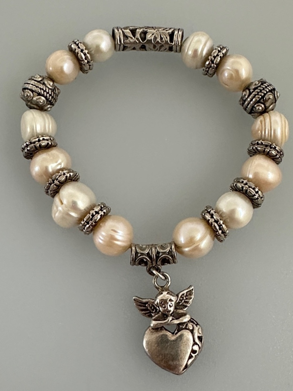 925 sterling Silver Pearl and Silver Angel Charm Stretch Bracelet made in italy
